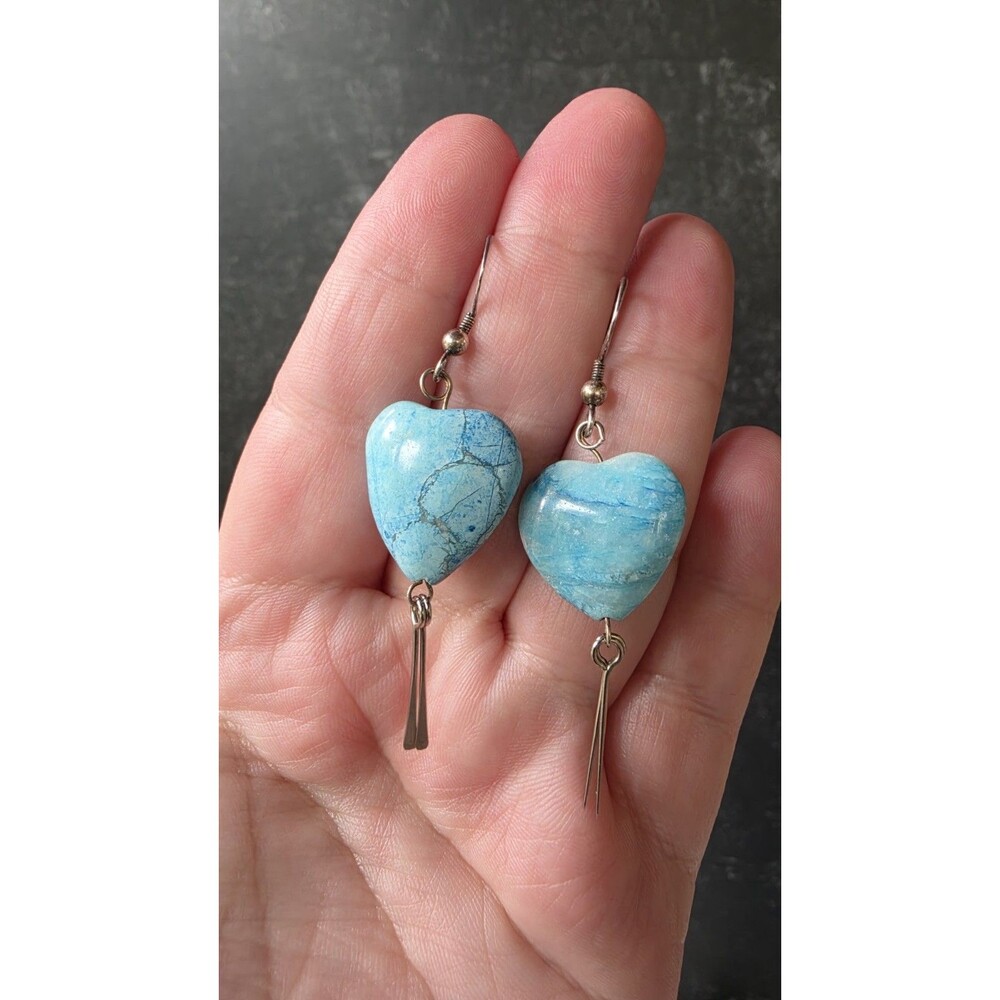925 Sterling Silver Blue Heart-shaped Stone Beaded Dangling Pierced Earrings